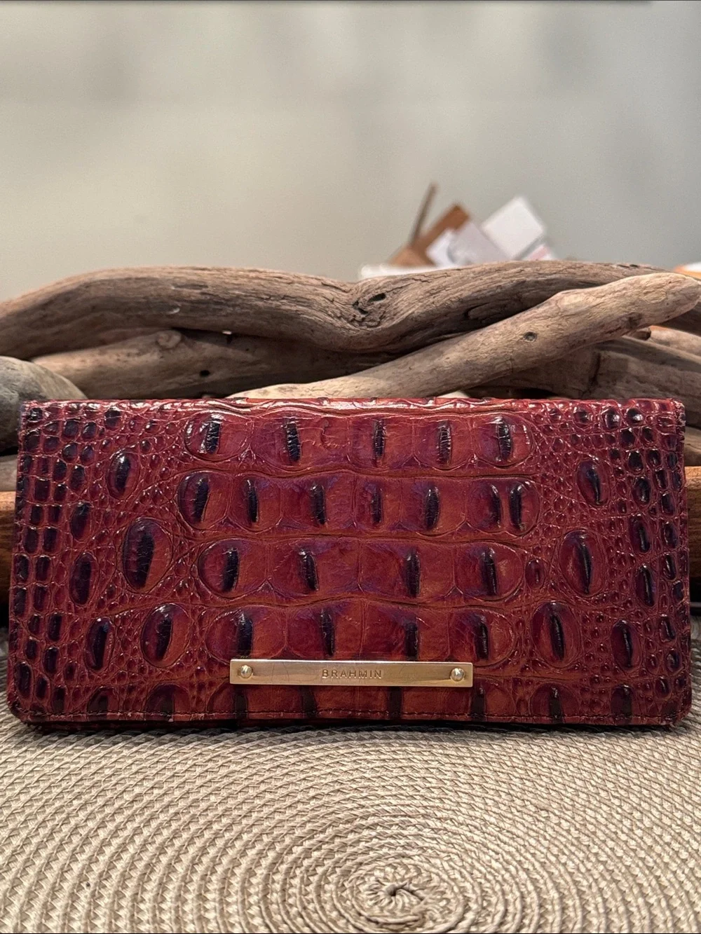 Brahmin Burgundy Croc-Embossed Leather Clutch with Gold Plate